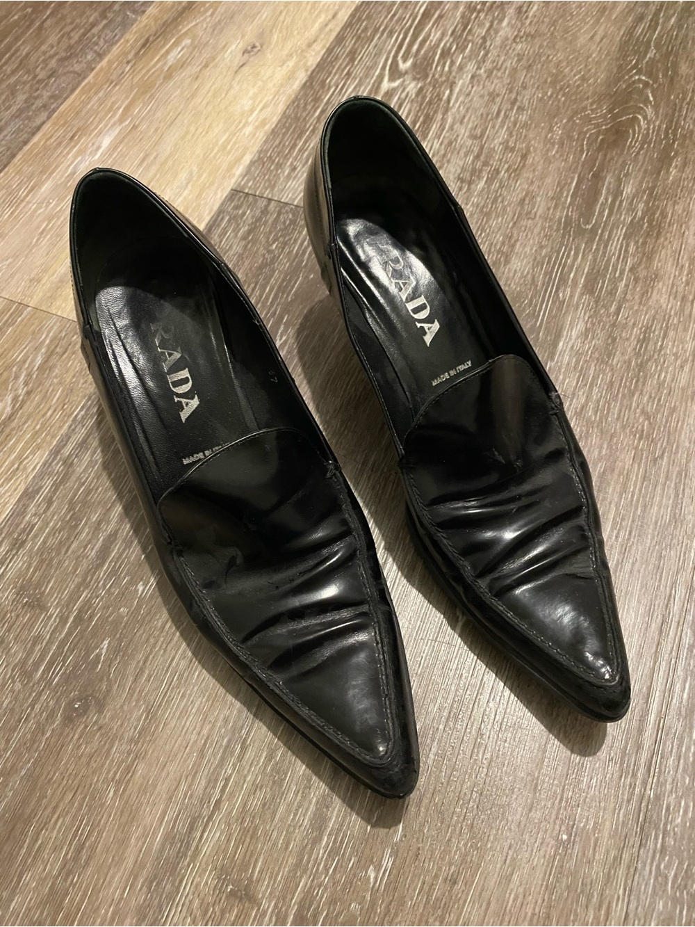 Prada Black Pointed Leather Slip-On Loafer Heels